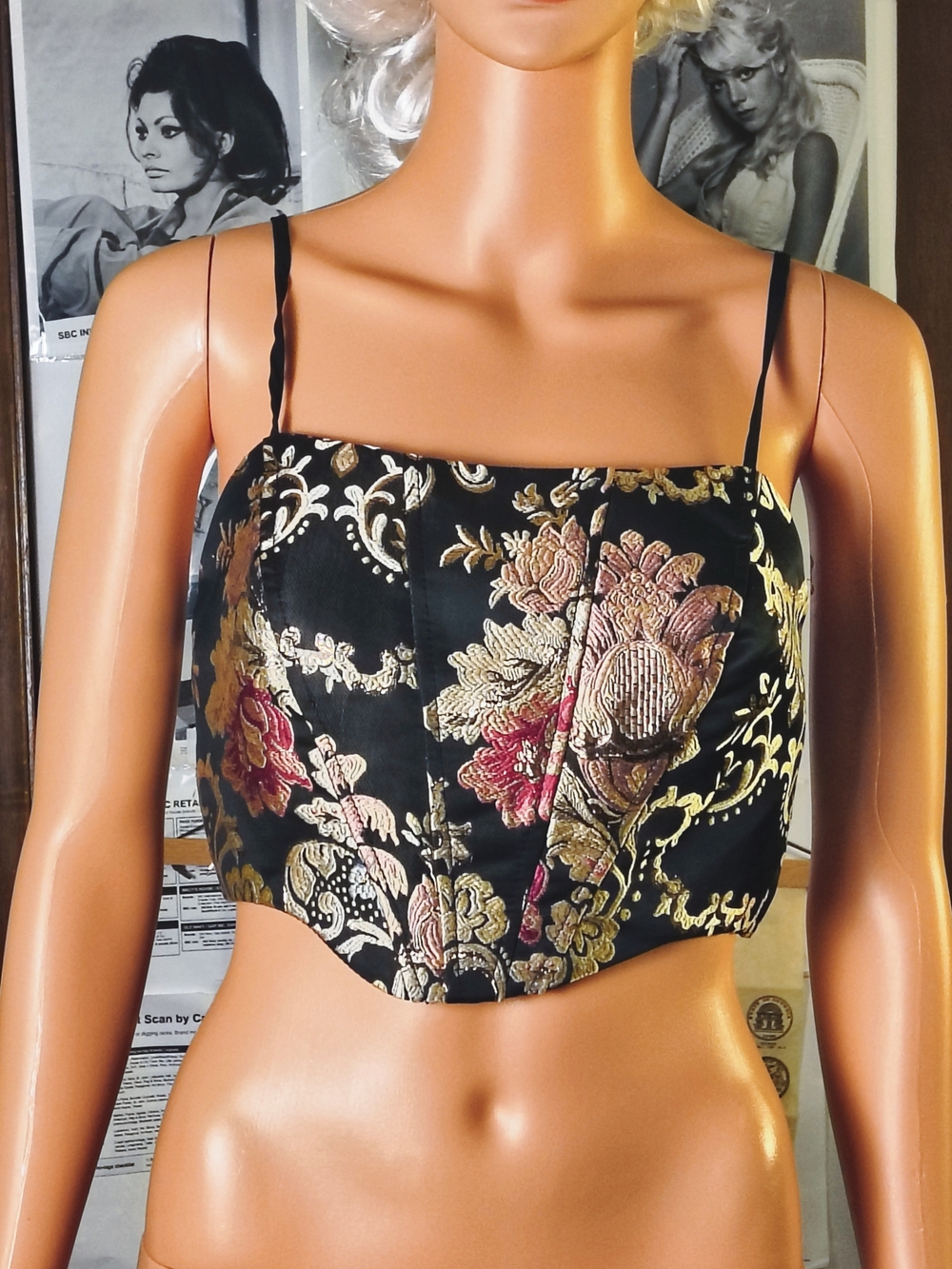 Honey Punch Black Floral Brocade Crop Top S Metallic Gold Y2K Bustier
